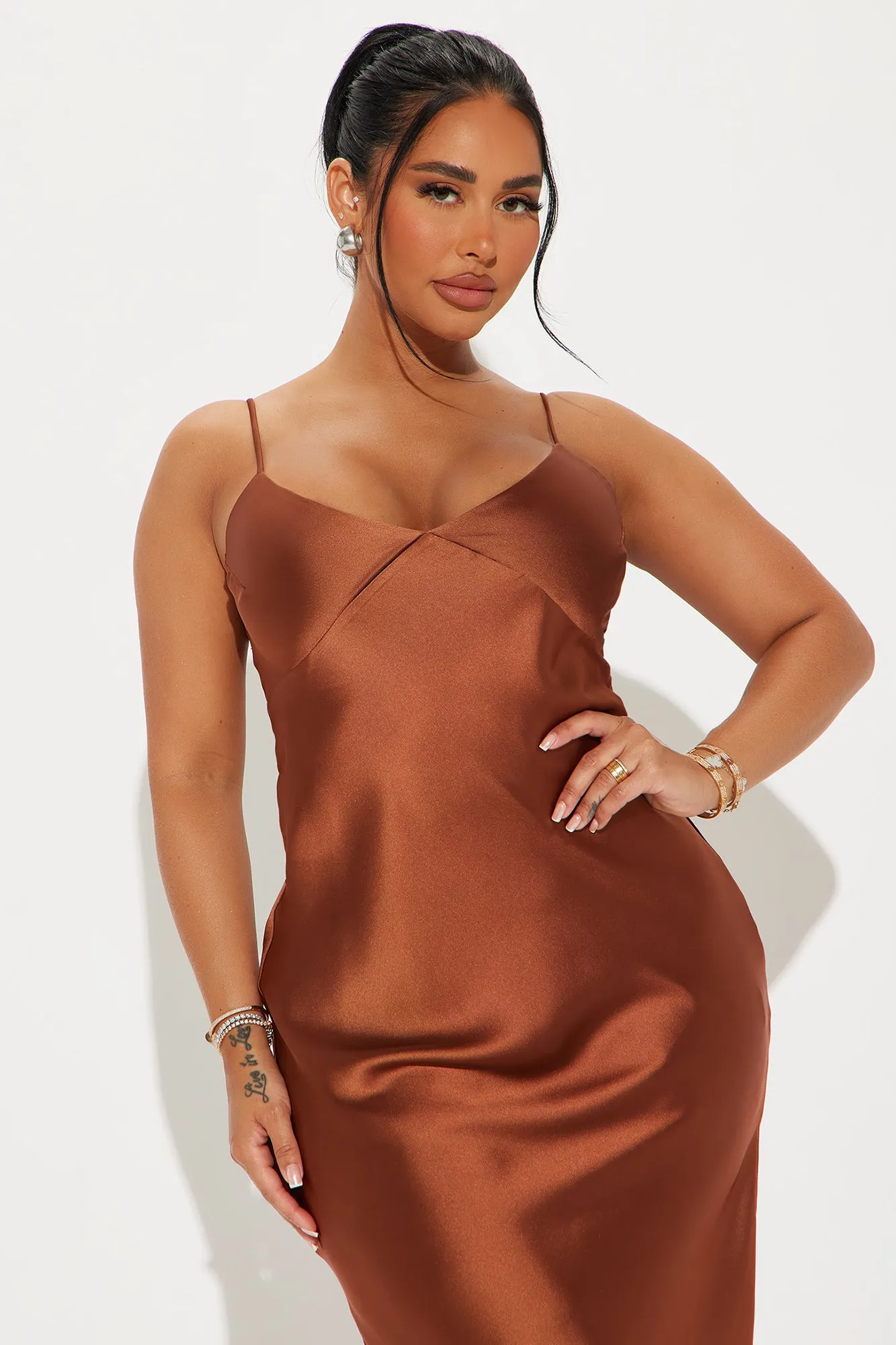 Draped in Satin Maxi Dress - Chocolate