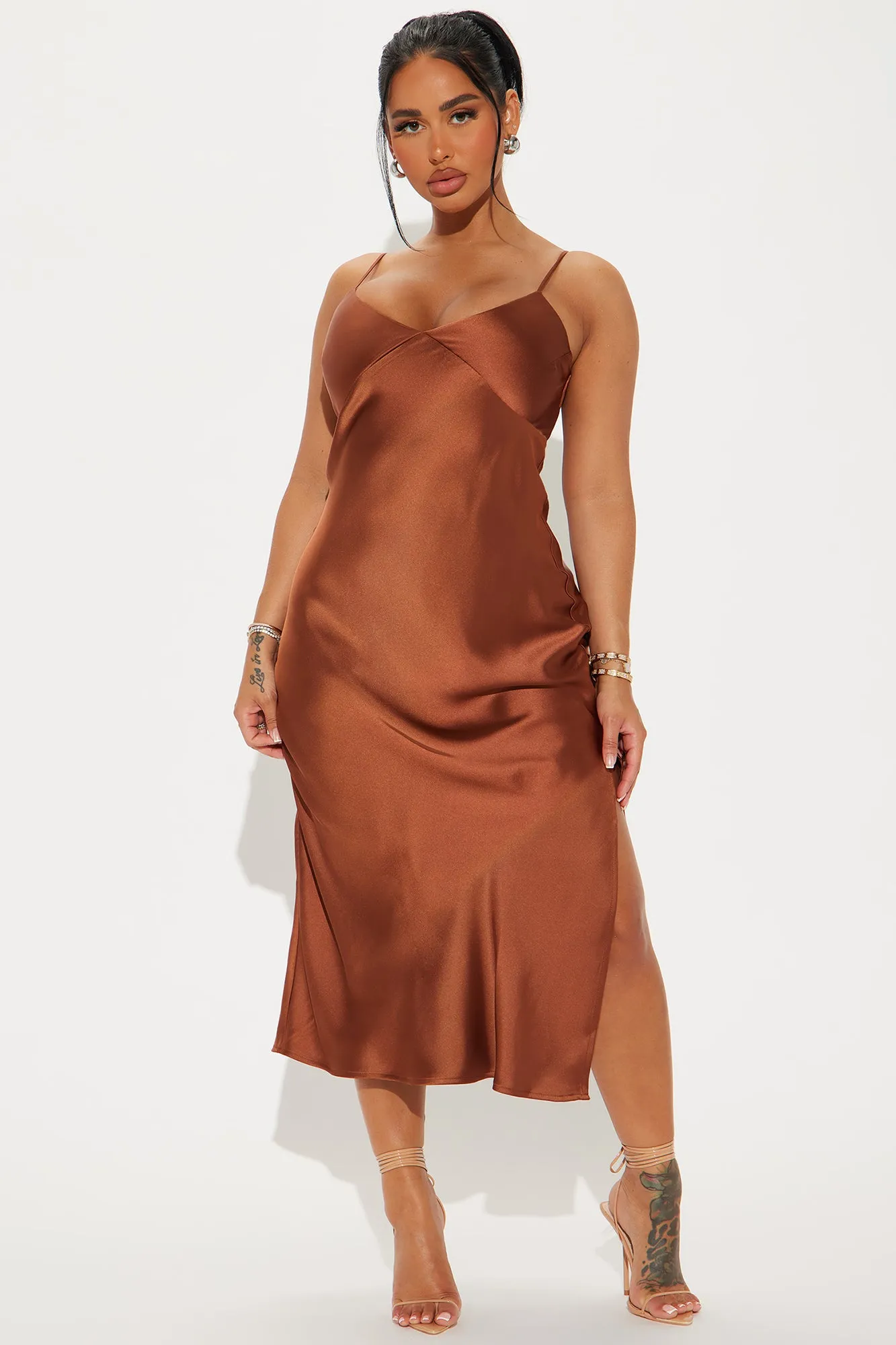 Draped in Satin Maxi Dress - Chocolate