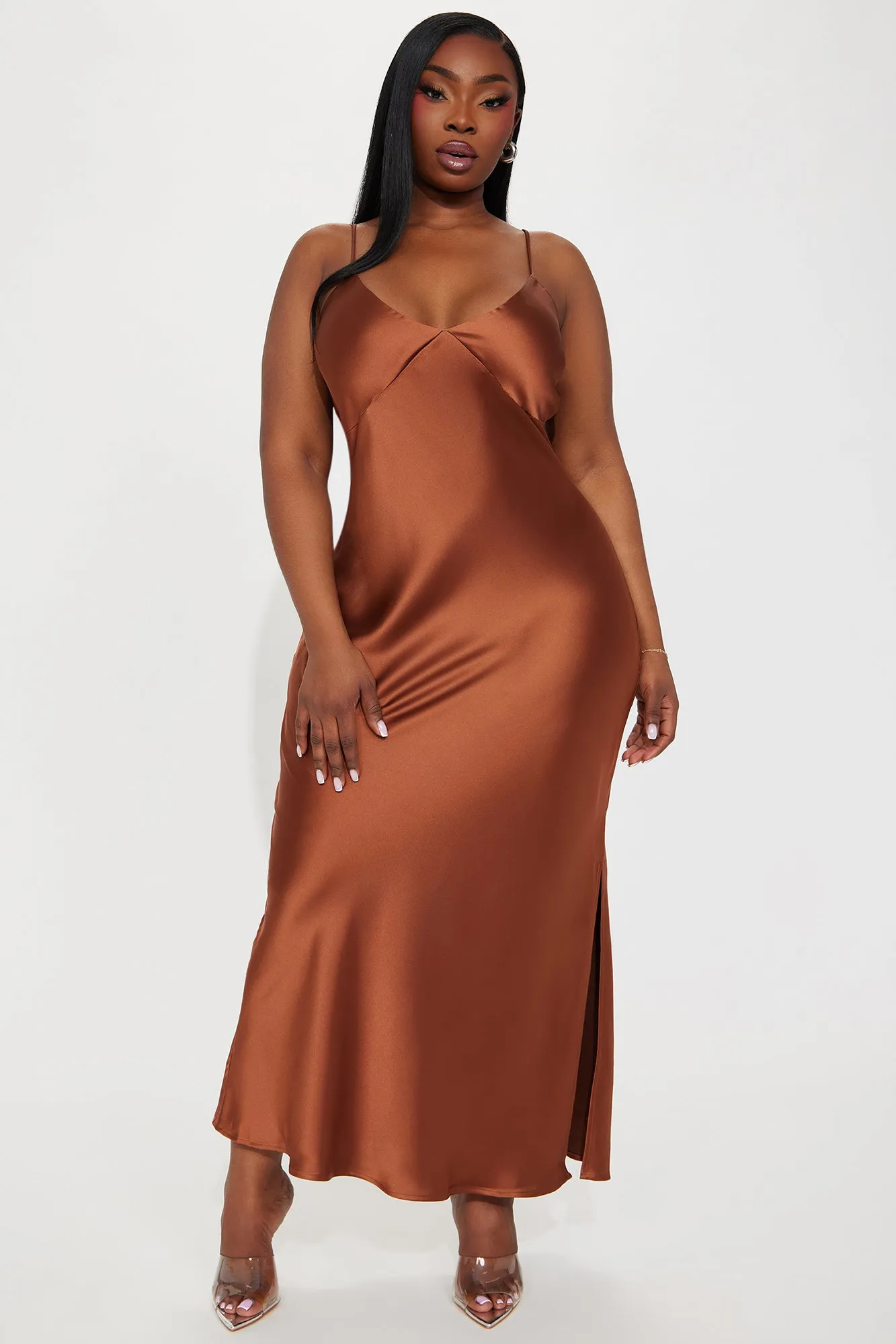 Draped in Satin Maxi Dress - Chocolate