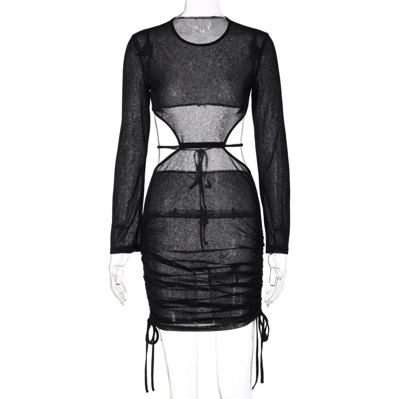 Drawstring Ruched Cut Out Mesh Mini Dress