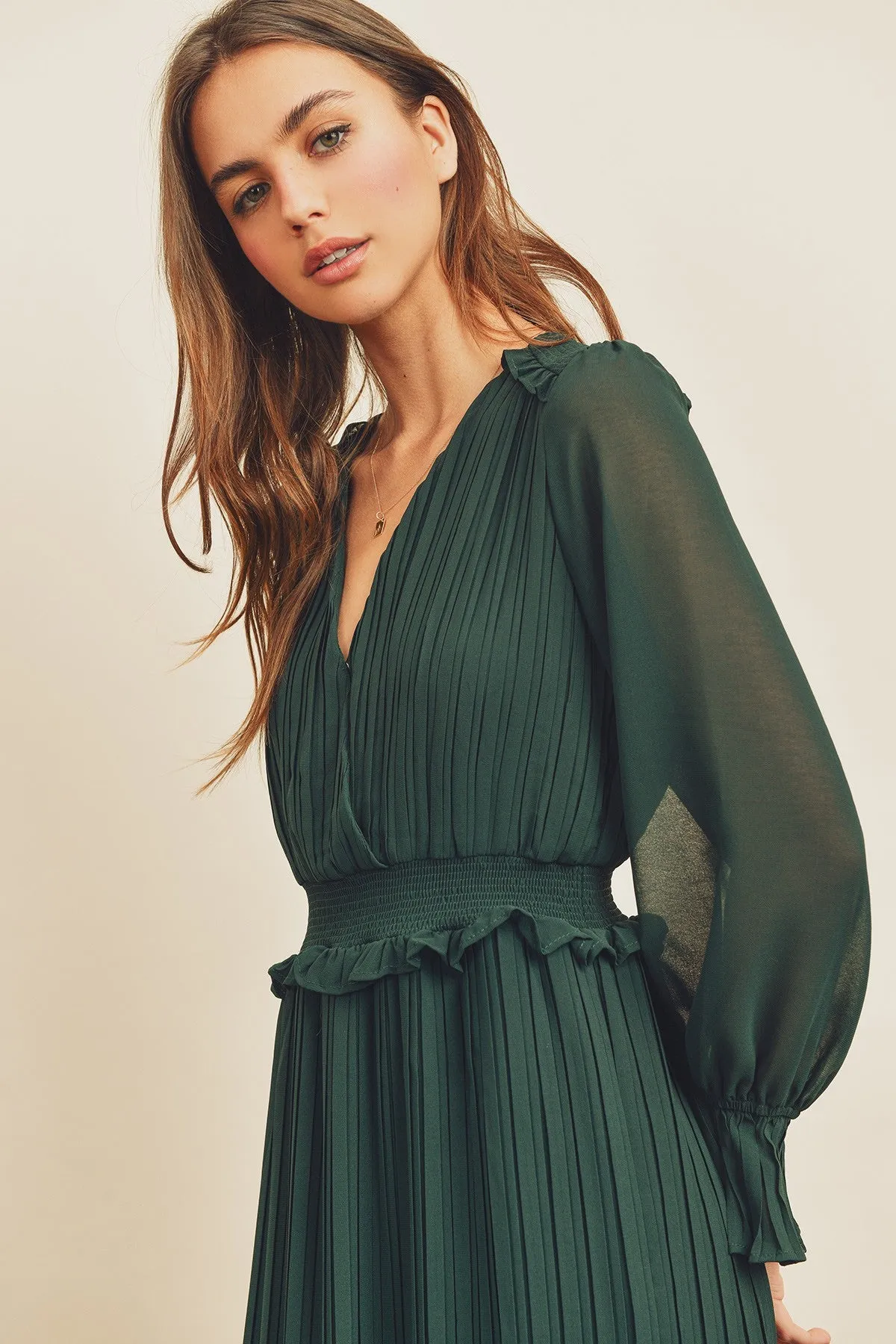 Esmae Pleated Midi Dress in Forest Green