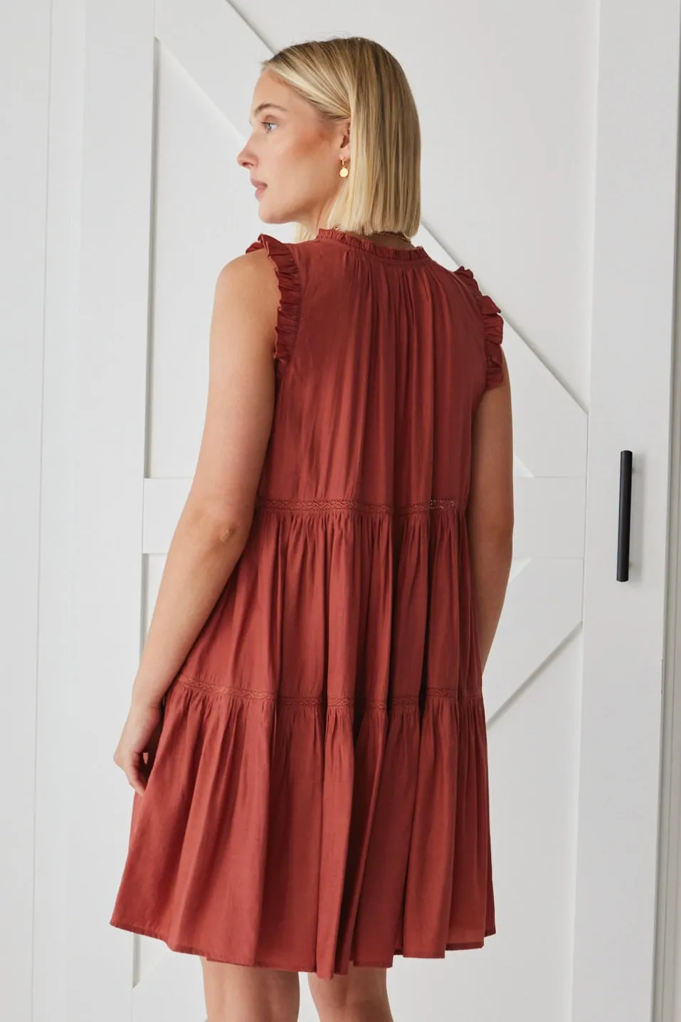 Etna Terracotta Tiered Summer Shift Mini Dress