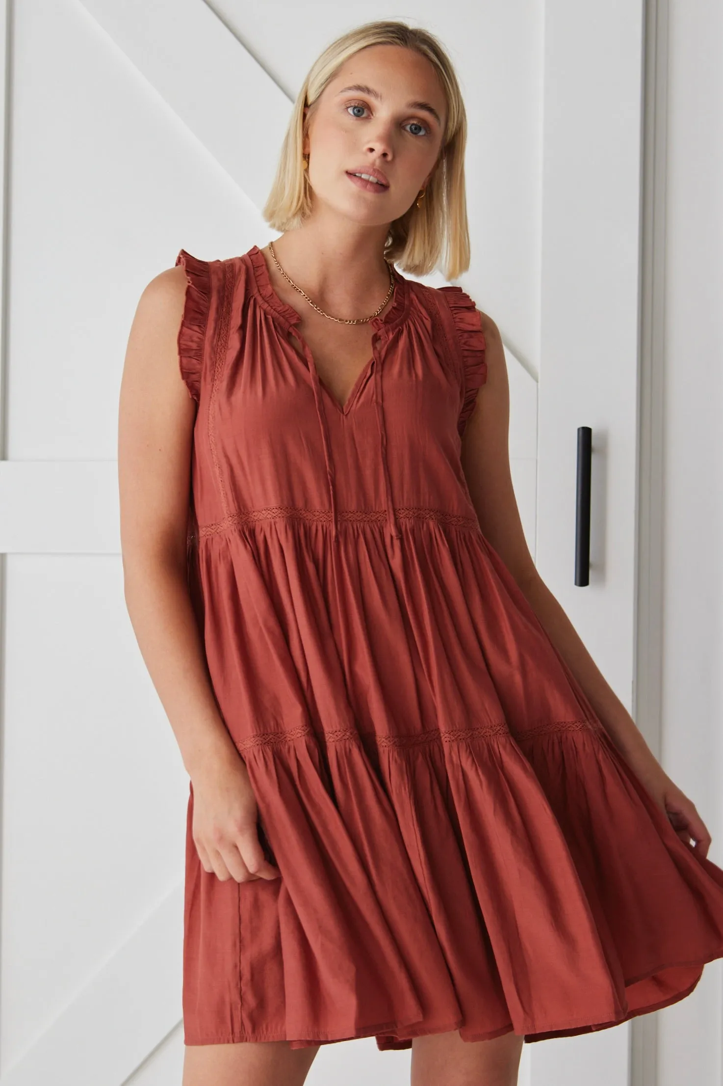 Etna Terracotta Tiered Summer Shift Mini Dress