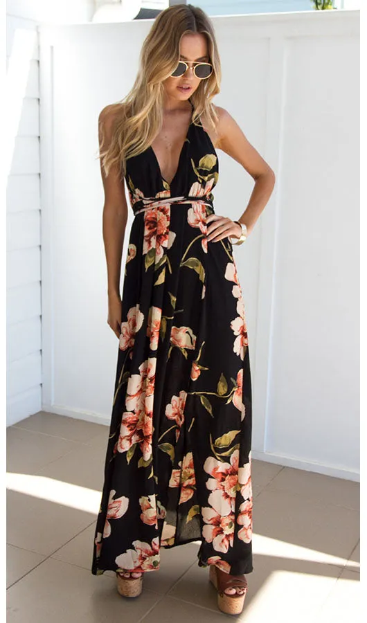 Floral Backless Slit Maxi Dress