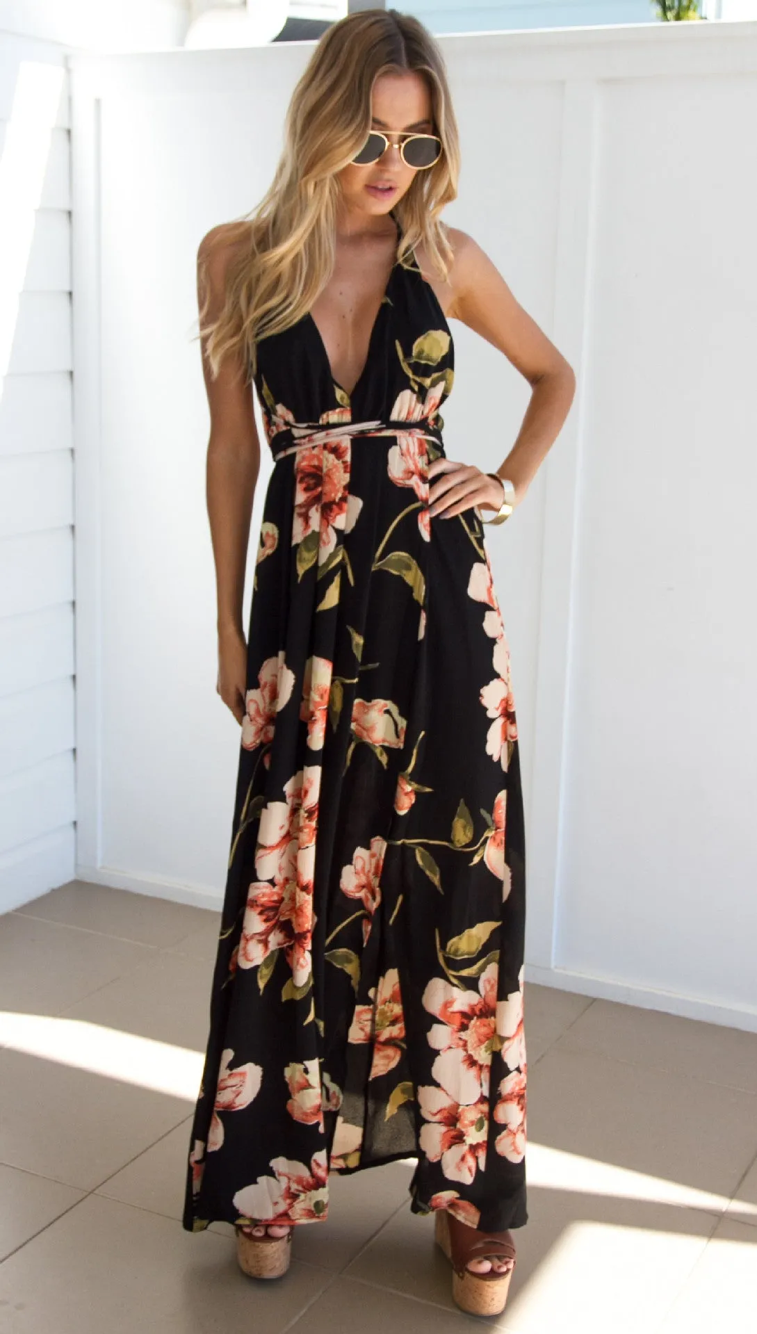 Floral Backless Slit Maxi Dress