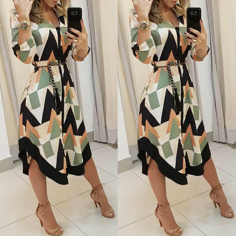 Geometric Wave Print Midi Dress