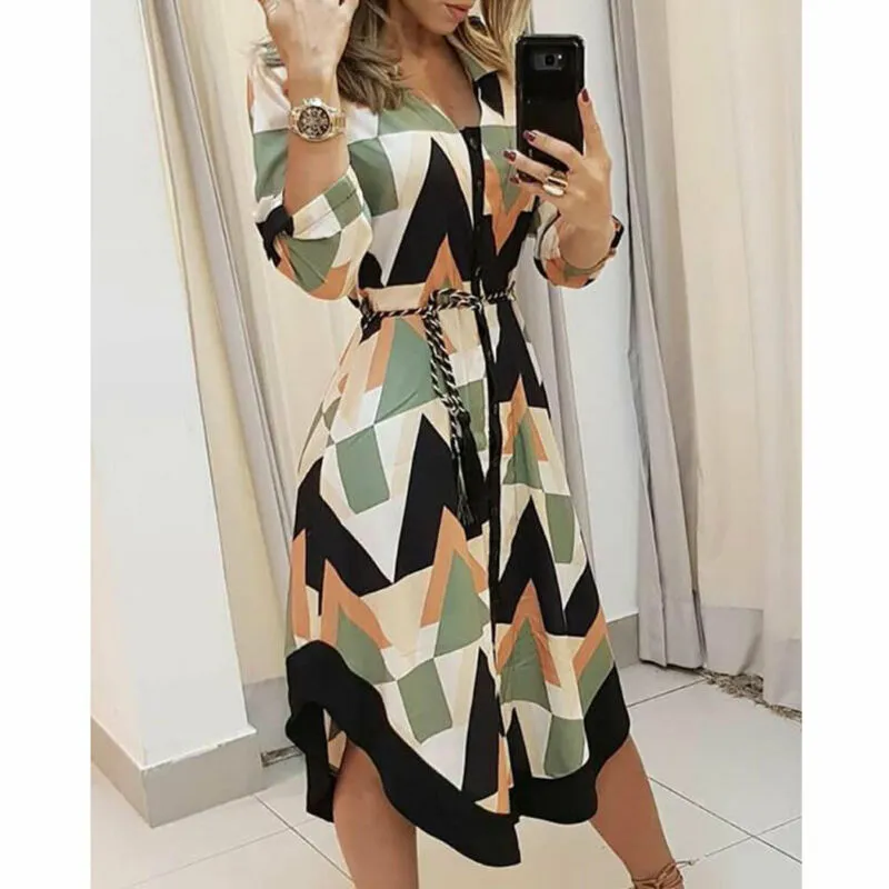 Geometric Wave Print Midi Dress