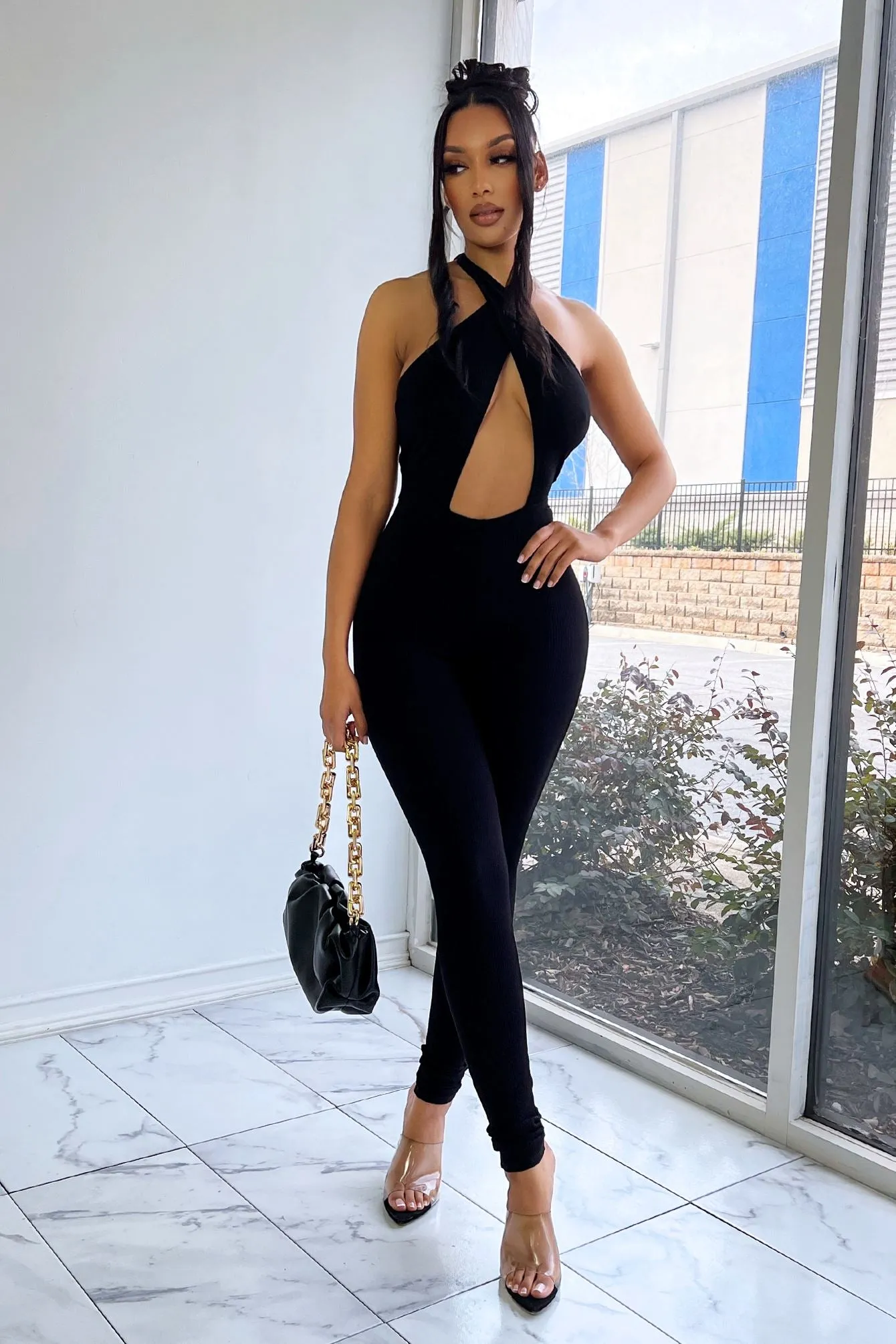 Gia Ribbed Halter Cutout Jumpsuit