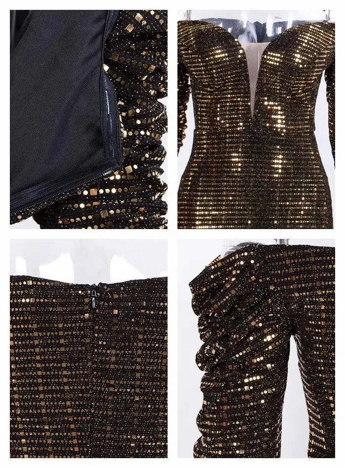 Gold Sequins Composite Bubble Long Sleeve Bodycon Maxi Dress