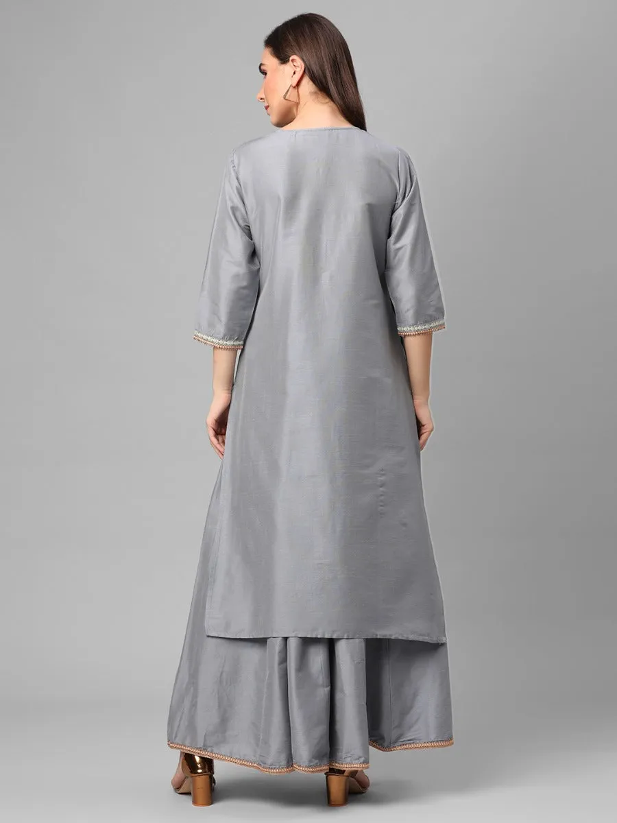 Grey Ornamental Printed Kurta With Skirt