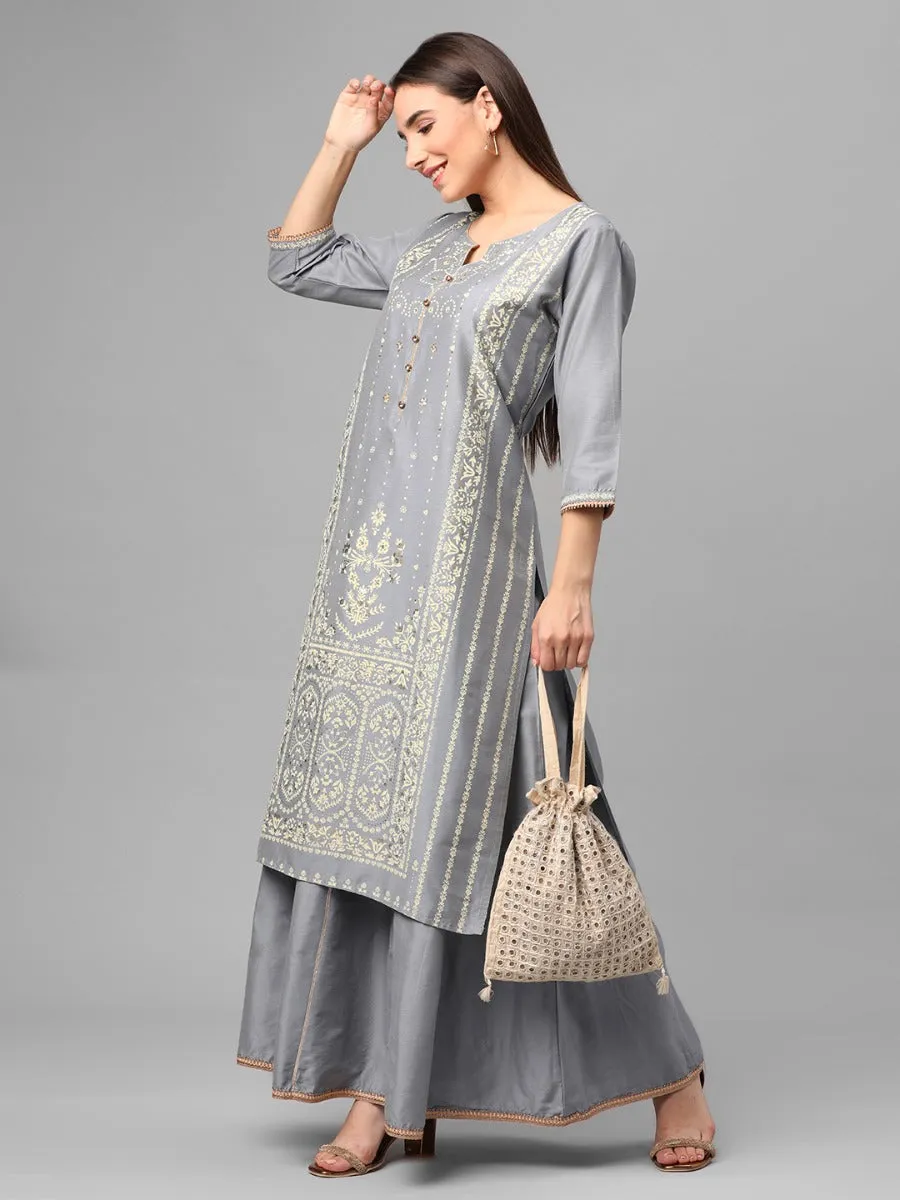 Grey Ornamental Printed Kurta With Skirt