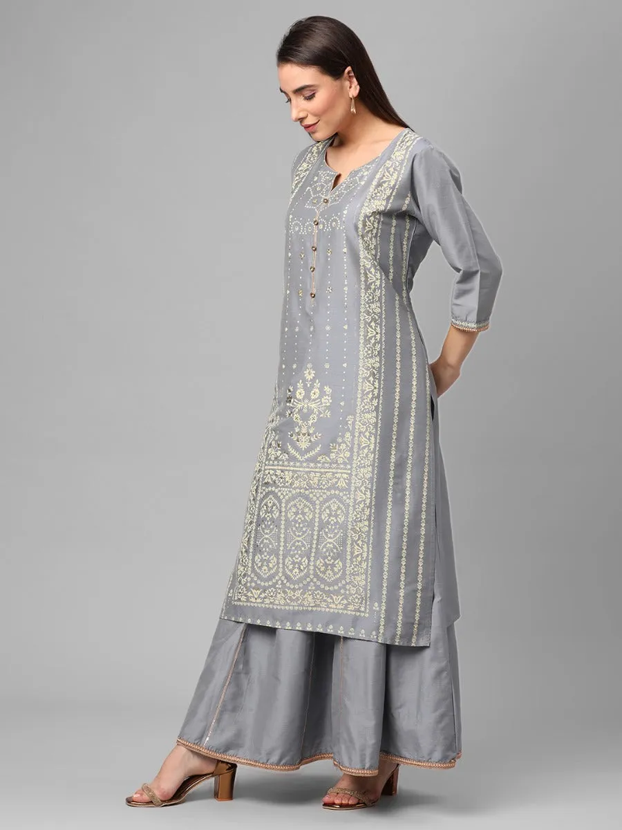 Grey Ornamental Printed Kurta With Skirt