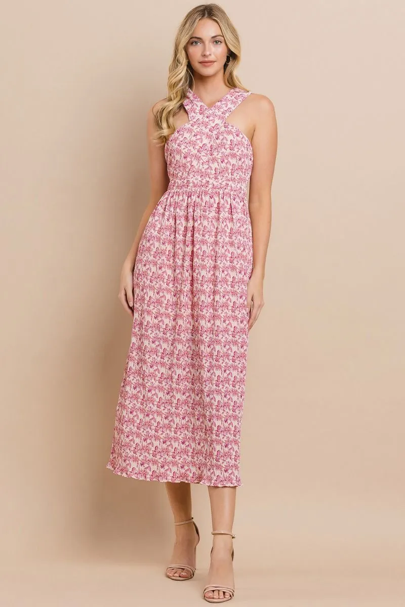 Halter Neckline Printed Pleated Midi Dress