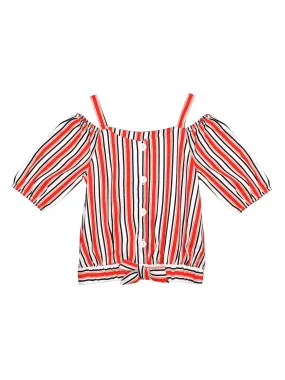 Ishin Girls Rayon White & Red Striped Cold Shoulder Top