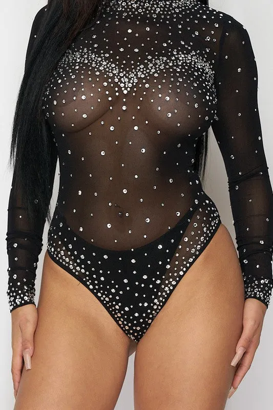 Juno Mesh Rhinestone Long Sleeve Bodysuit - Black