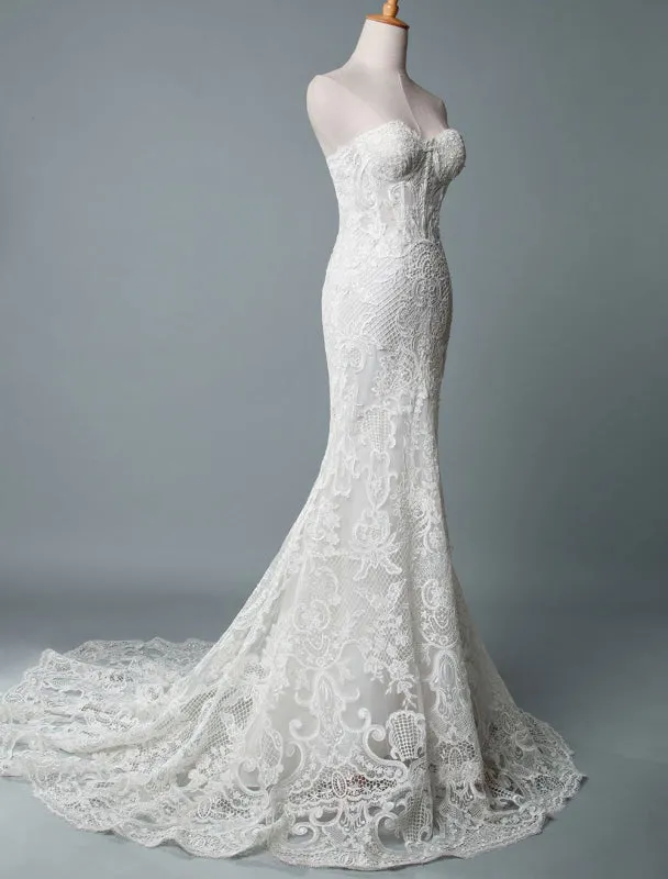 Lace Wedding Dress Mermaid Sweetheart Strapless Sleeveless Floor Length With Train Bridal Dresses