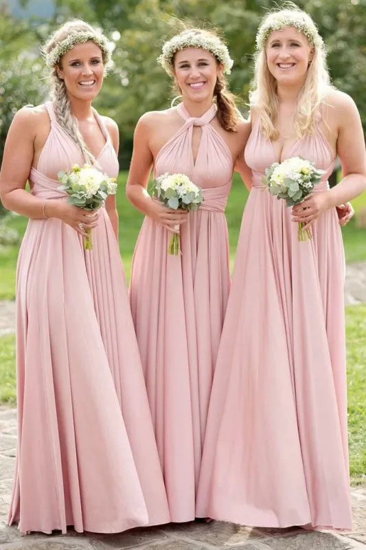 Light Pink A-Line Floor Length Pleated Cheap Bridesmaid Dress