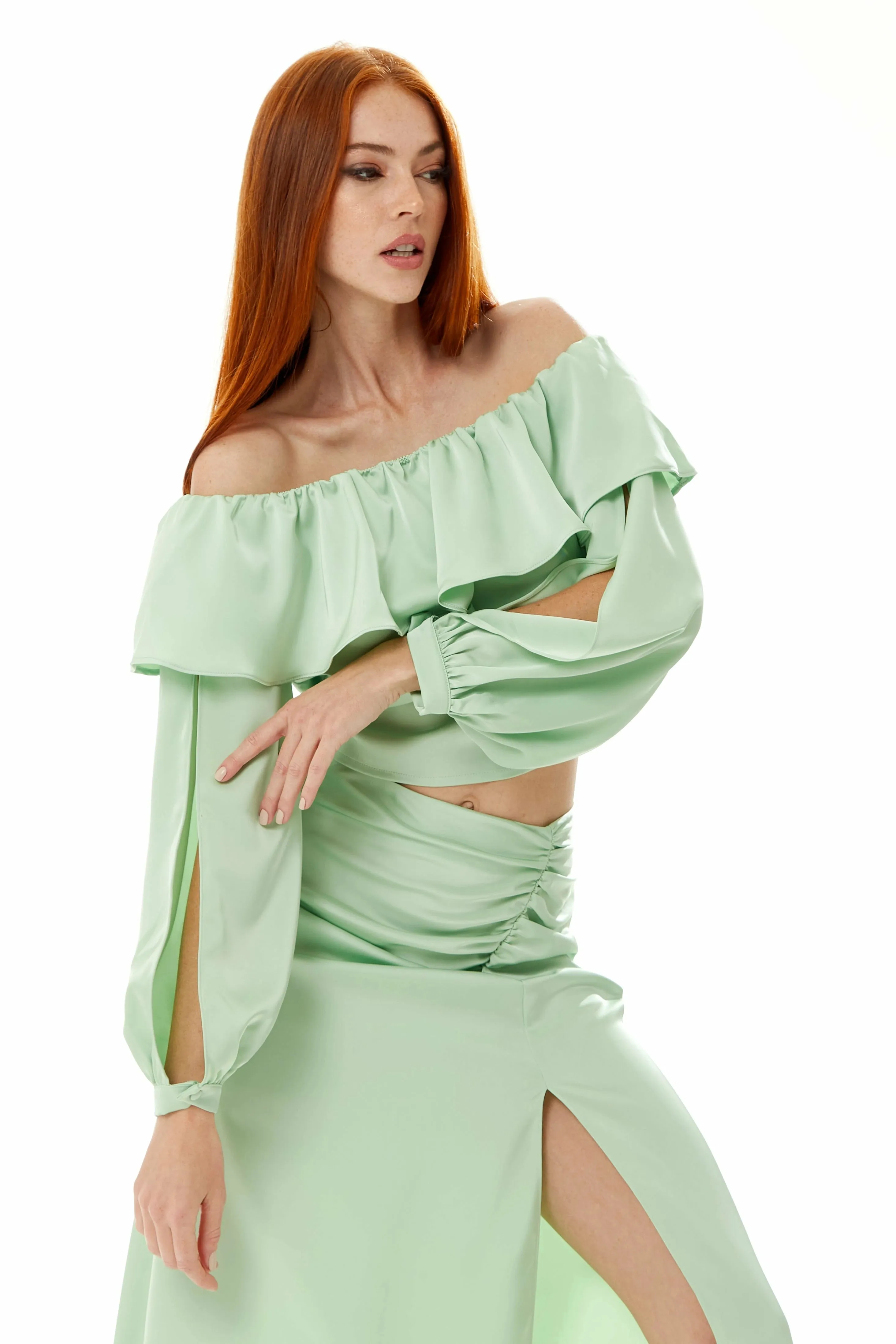 Liquorish Ruffle Long Sleeve Off The Shoulder Top Mint