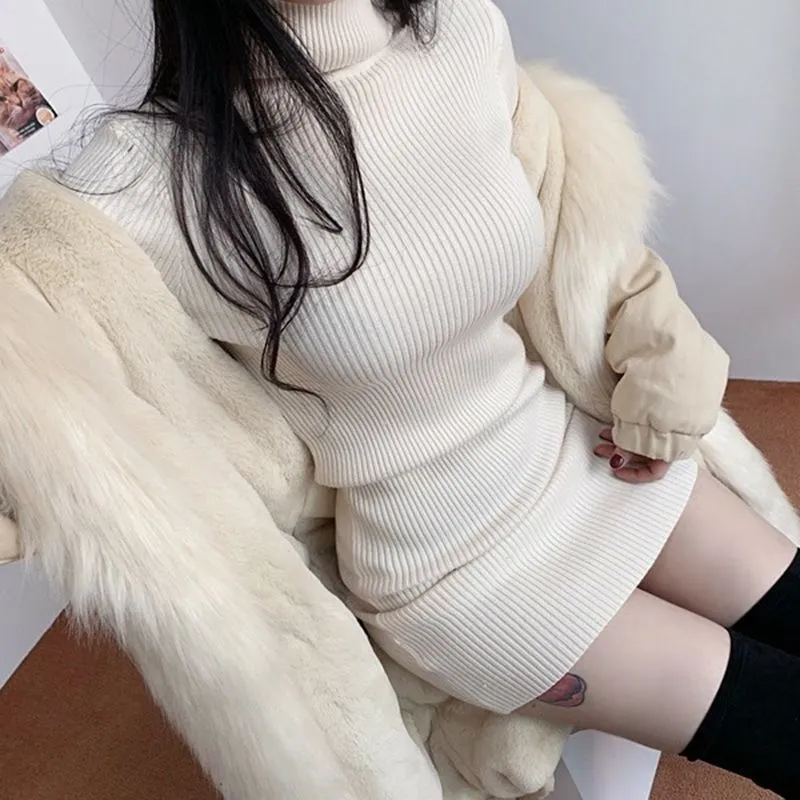 Long-Sleeve Turtleneck Mini Bodycon Knit Dress ZR35