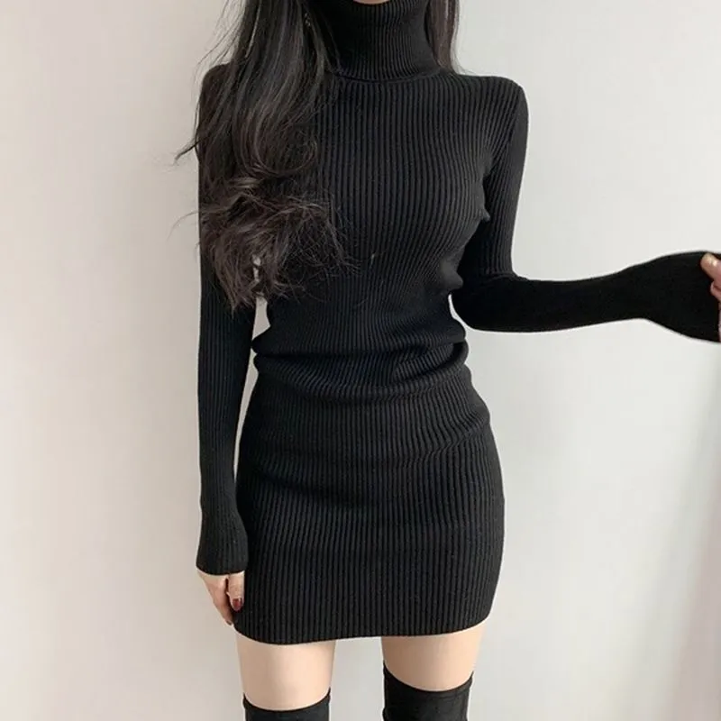 Long-Sleeve Turtleneck Mini Bodycon Knit Dress ZR35