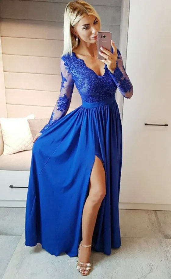 Long Sleeves Prom Dress Slit Skirt, Evening Dress, Pageant Dance Dresses, Graduation School Party Gown, PC0025