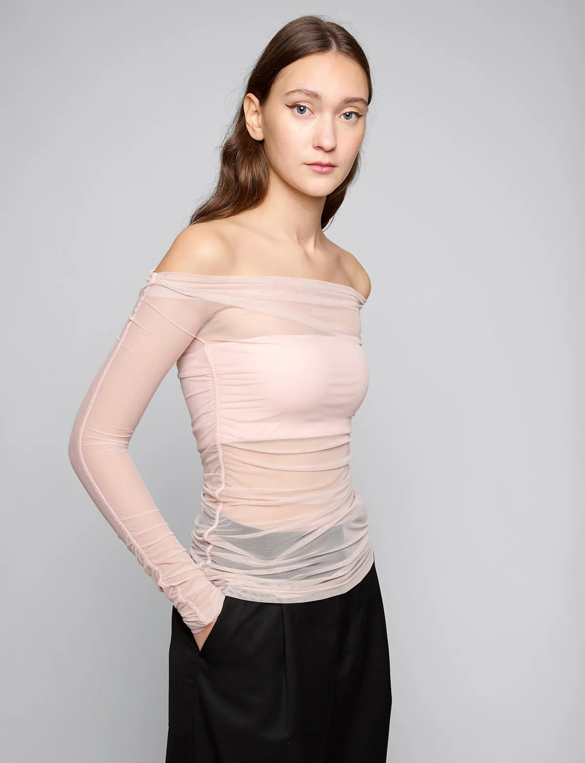 Lydia Mesh Off The Shoulder Pink Top