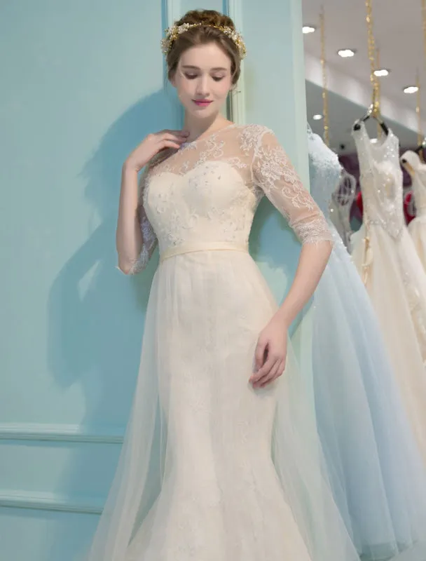 Mermaid Wedding Dresses Lace Half Sleeve Illusion Sweetheart Beading Keyhole Bridal Gown With Train