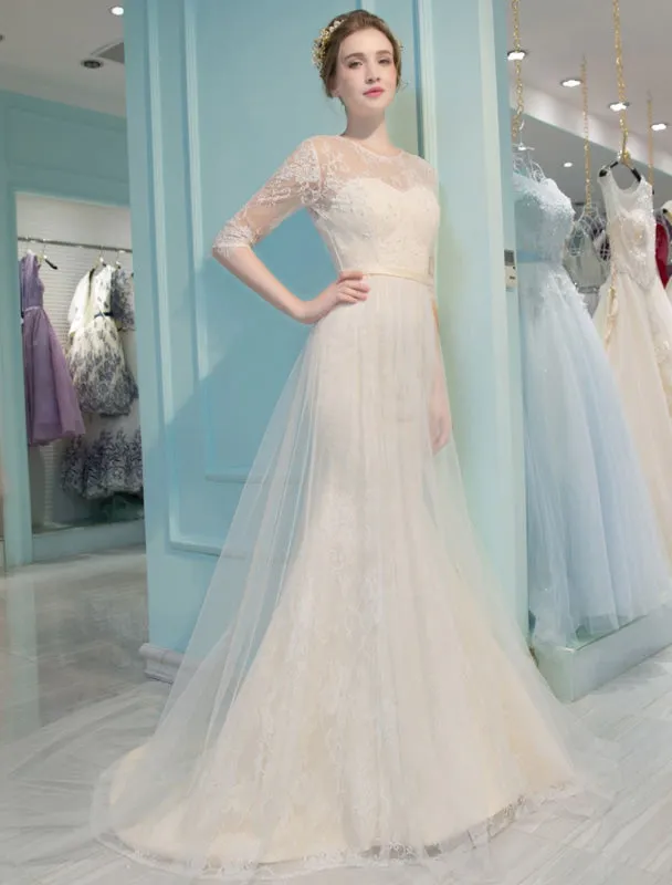 Mermaid Wedding Dresses Lace Half Sleeve Illusion Sweetheart Beading Keyhole Bridal Gown With Train