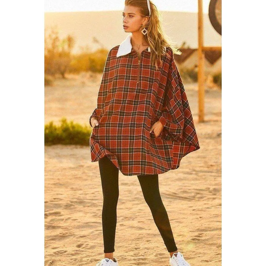 Mock Neck With Zipper Contrast Inside Front Pocket Plaid Poncho