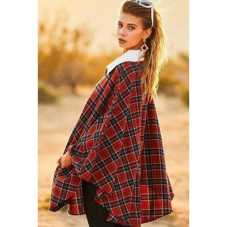 Mock Neck With Zipper Contrast Inside Front Pocket Plaid Poncho