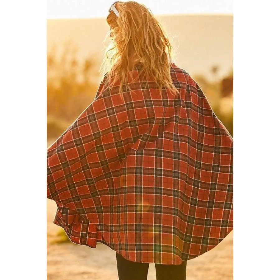 Mock Neck With Zipper Contrast Inside Front Pocket Plaid Poncho