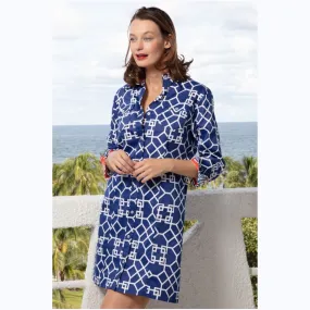 Navy & White Geometric Print Shirt Dress