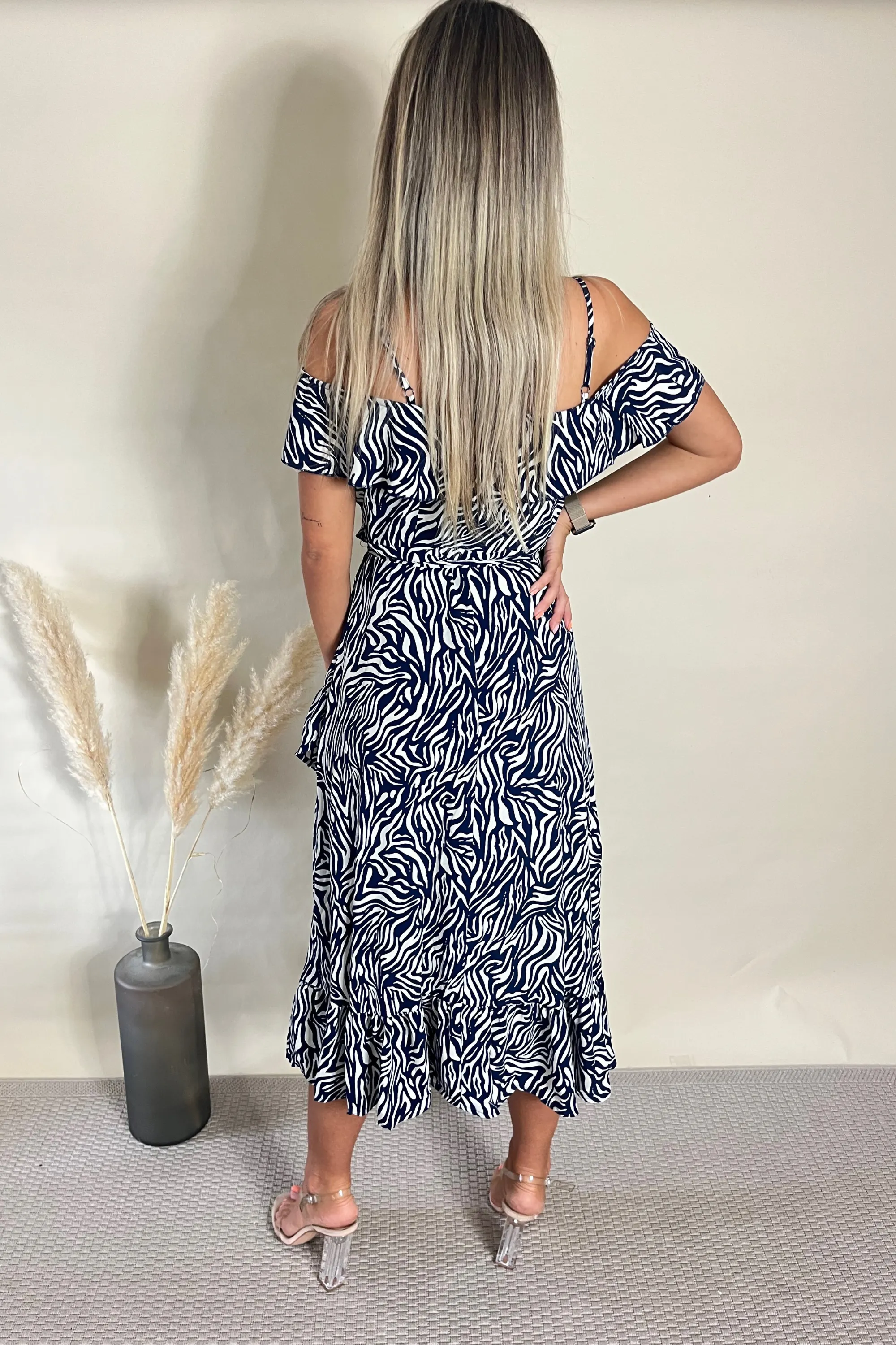 Navy Zebra Print Wrap Midi Dress