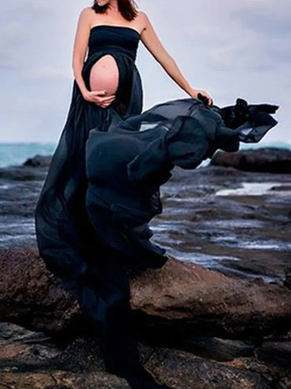 Off Shoulder Slit Front Long Dress For Pregnant Women