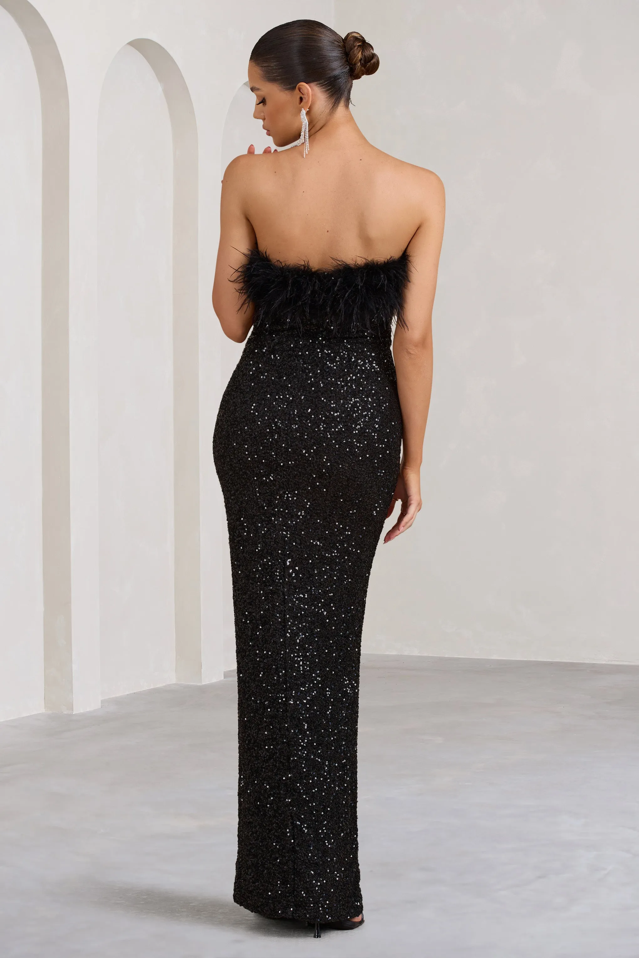 Old Money | Black Bodycon Sequin Maxi Dress With Feather Trim