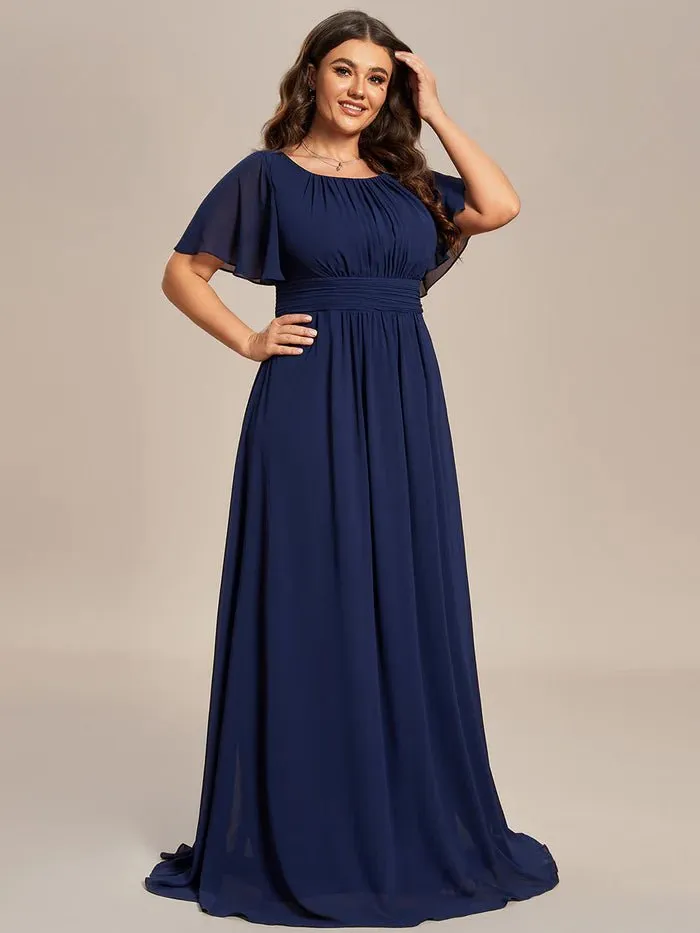 Plus Round Neck Pleated Evening Dress