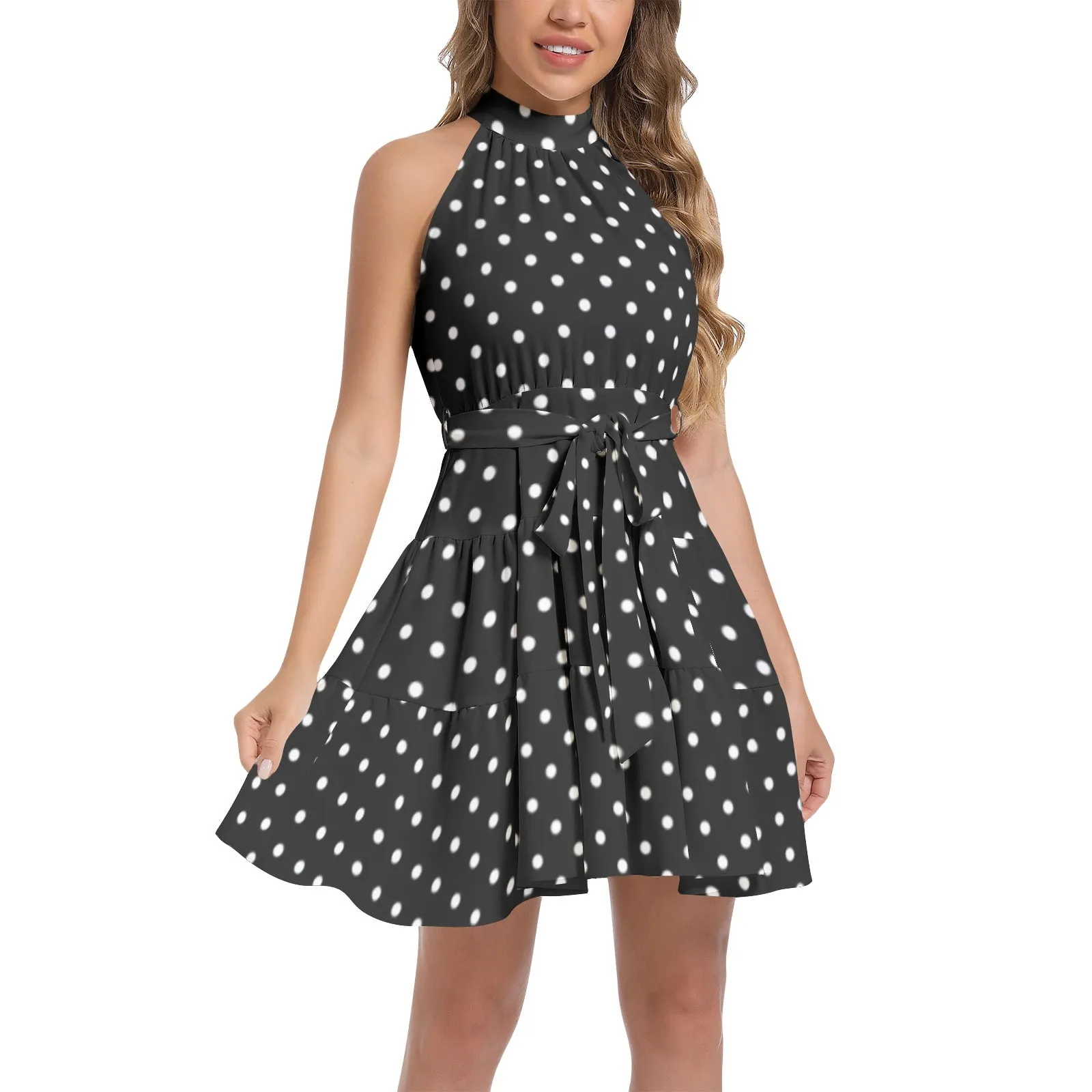 Polka dots Ruffle Hem Belted Halter Dress