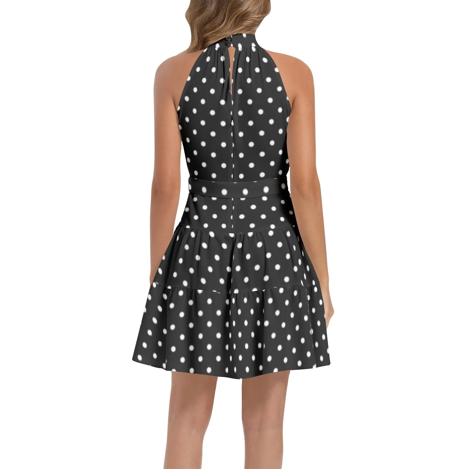 Polka dots Ruffle Hem Belted Halter Dress