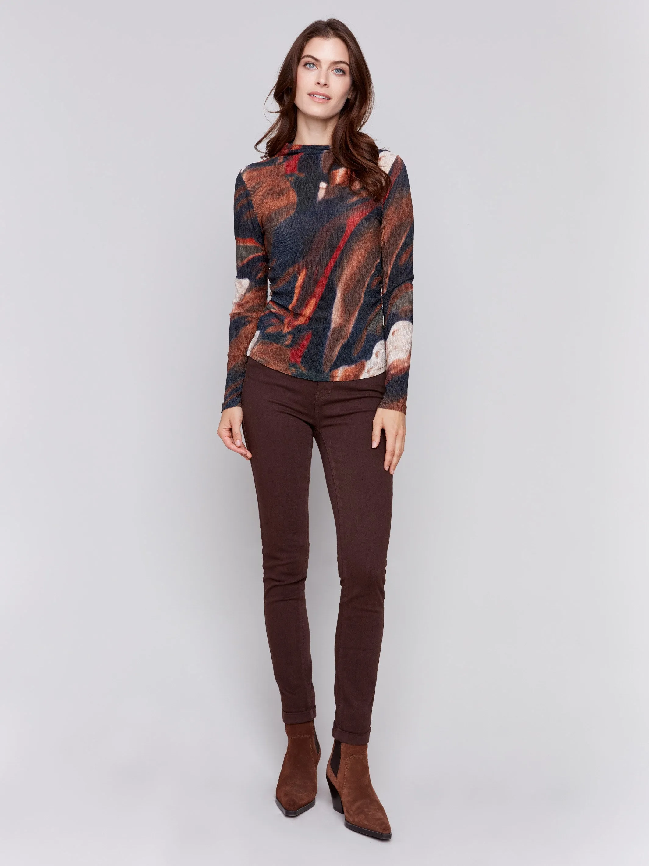 Printed Ruched Mock Neck Top - Spruce