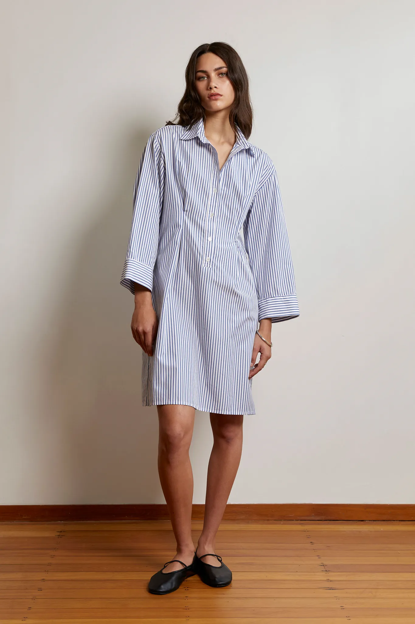 Pullover Shirt Dress | Cotton Stripe | Dark Blue   White