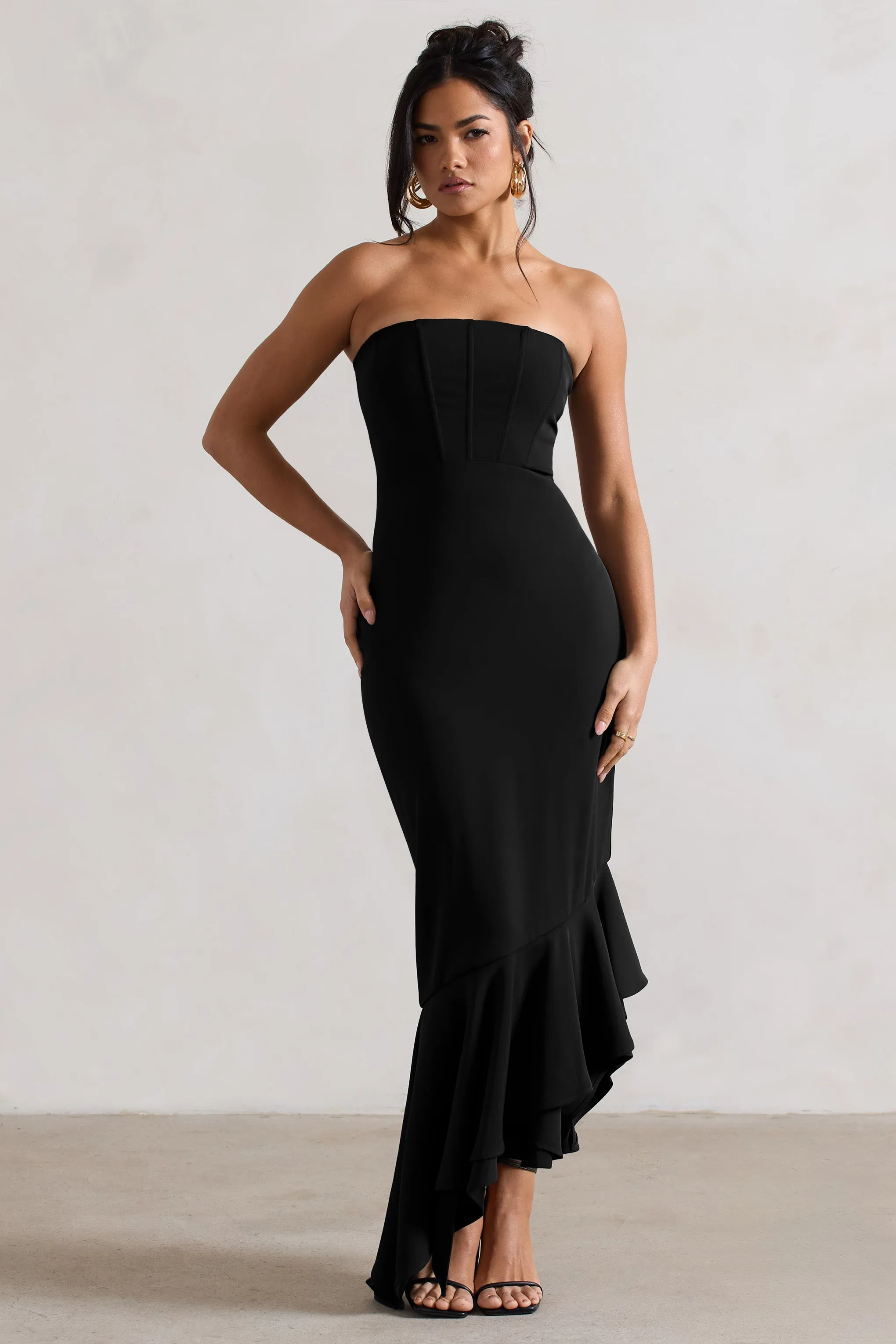 Sandy | Black Strapless Corset Asymmetric Maxi Dress