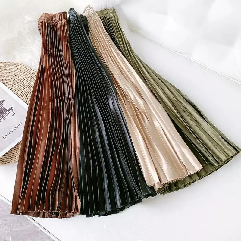 Satin Long Vintage Pleated Skirt