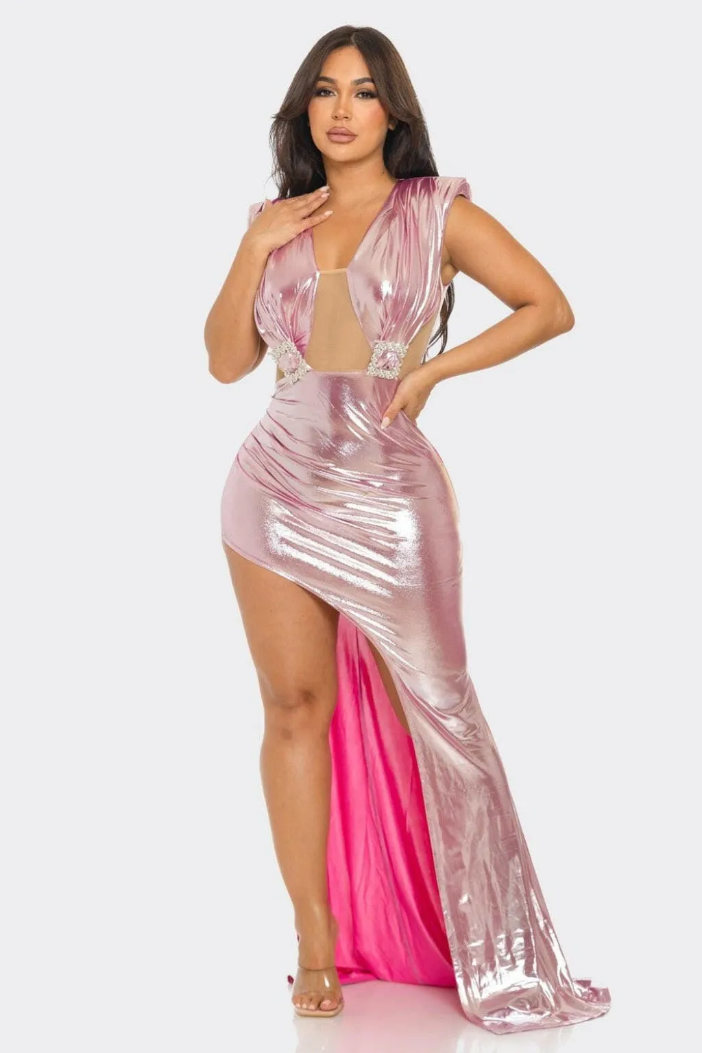 Shiny Metallic Maxi Dress - Black