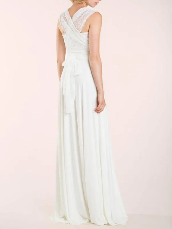 Simple Wedding Dress Sheath V Neck Sleeveless Pleated Floor Length With Train Lace Bridal Dresses