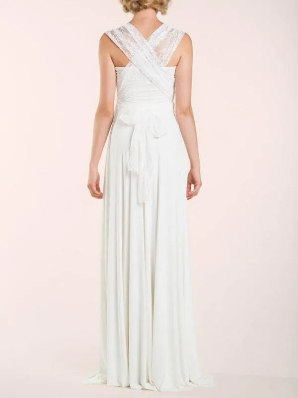 Simple Wedding Dress Sheath V Neck Sleeveless Pleated Floor Length With Train Lace Bridal Dresses