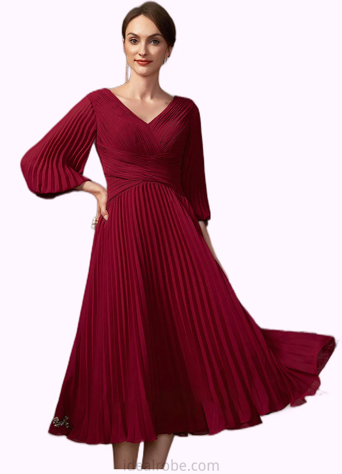 Sofia A-Line V-neck Tea-Length Chiffon Mother of the Bride Dress With Pleated STK126P0014878