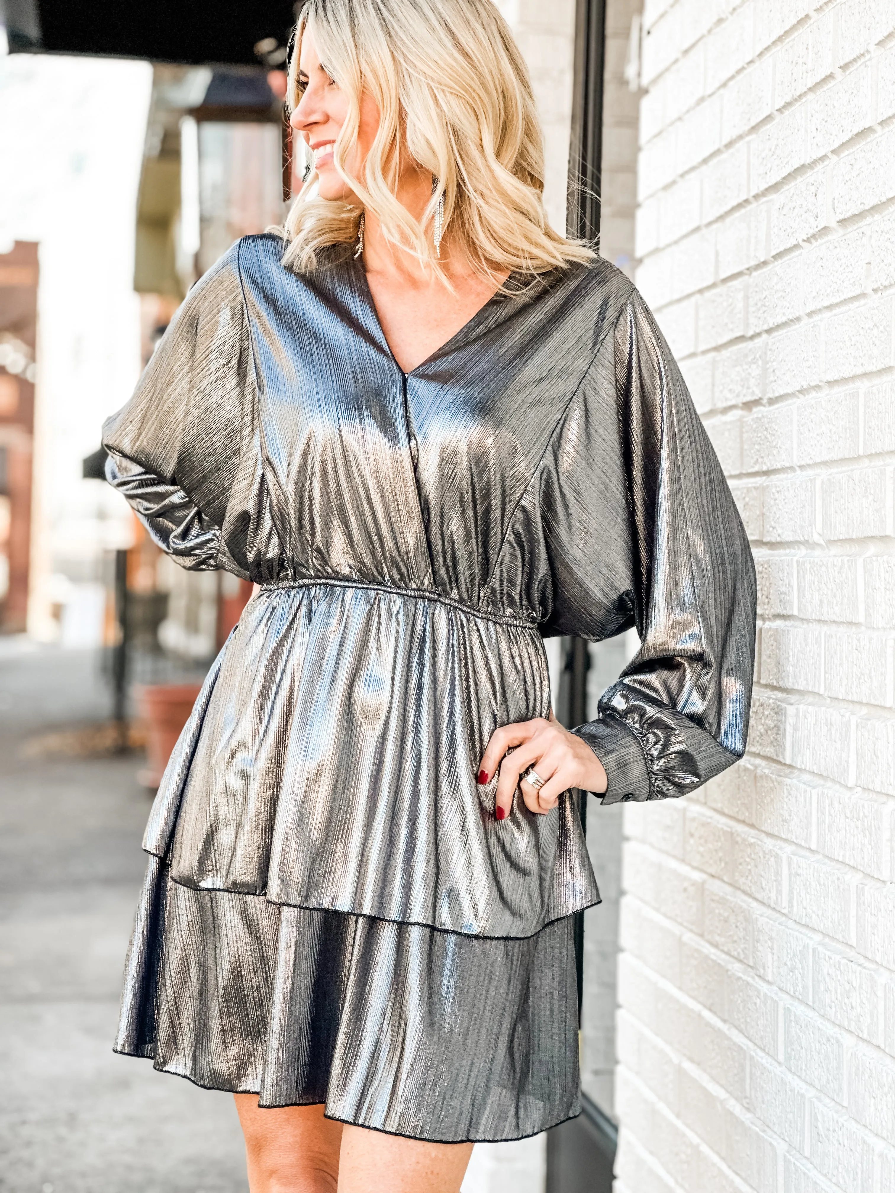 Starshine Metallic Surplice Dress