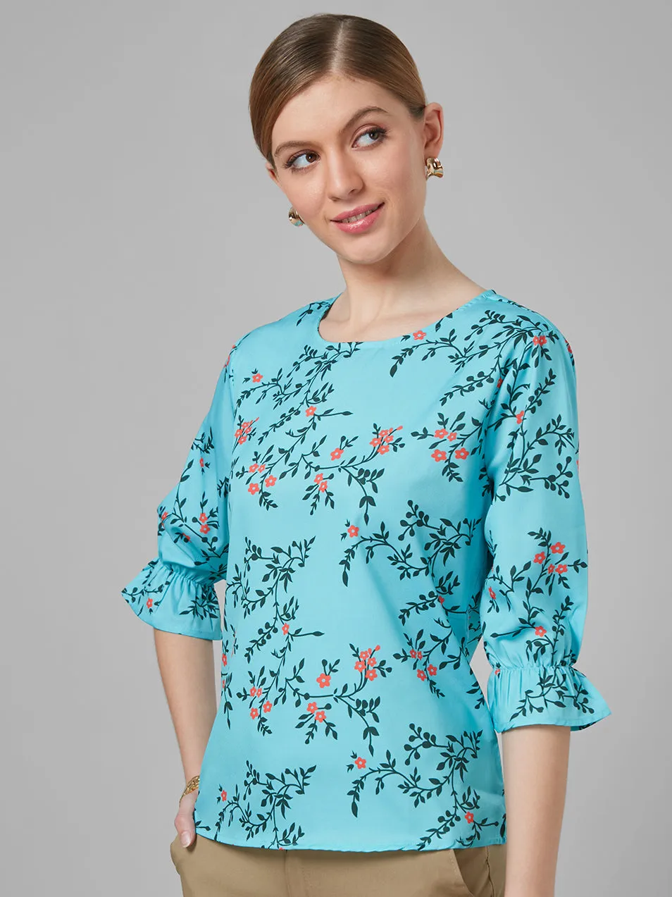 Style Quotient Women Blue and Multi Floral Printed Polyester Smart Casual Top