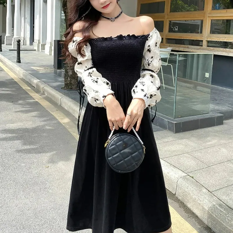 Velvet Patchwork Floral Off Shoulder Midi Dress