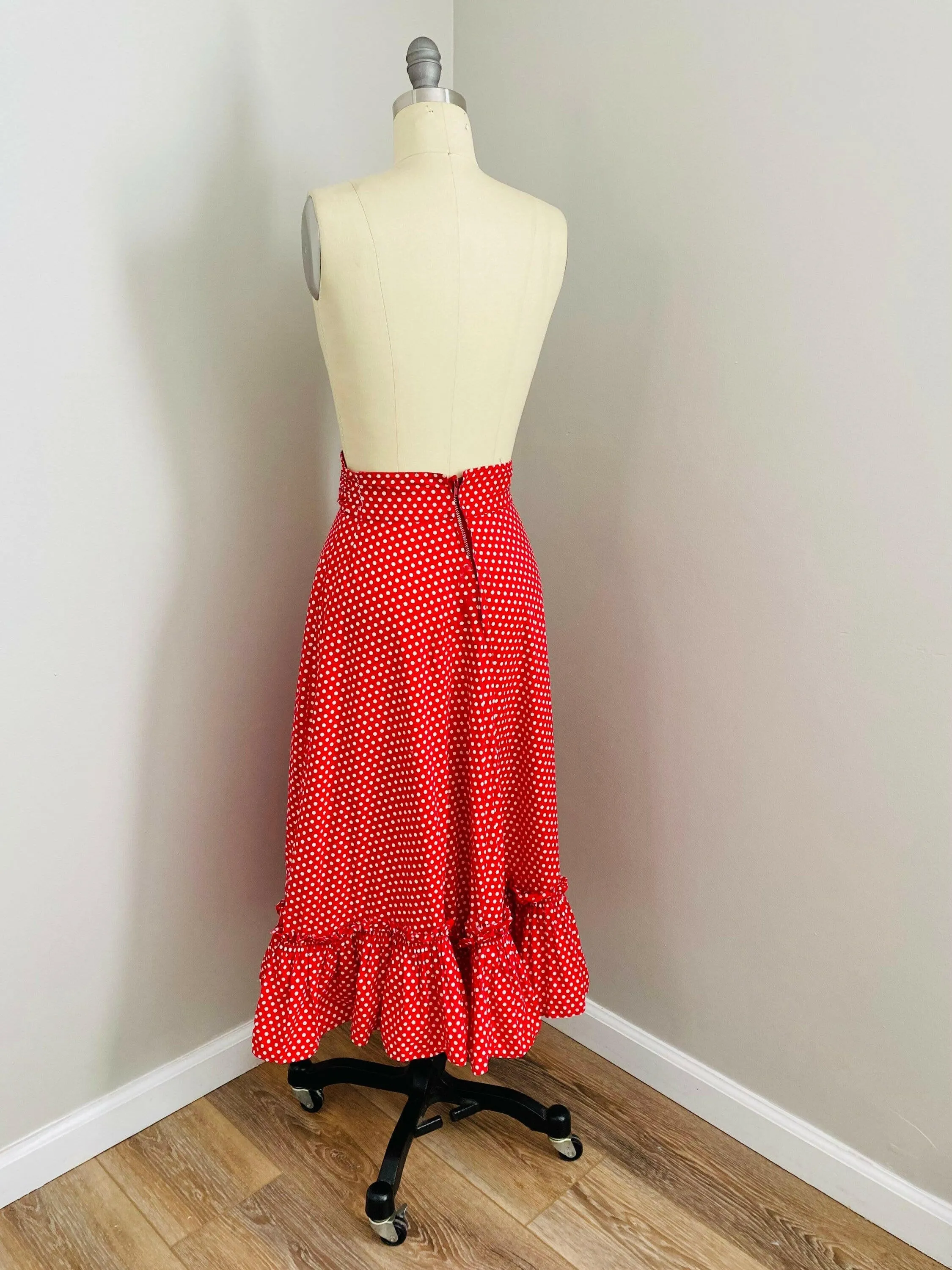 Vintage 1950s Red Polka Dot Cotton Maxi Skirt / 50s Serbin long peasant skirt Size S